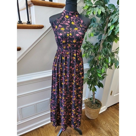 Black Floral Women's Cotton Halter Neck Pleated Sleeveless Long Maxi Dress S - Picture 11 of 15